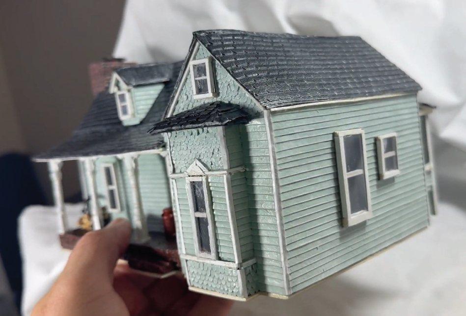 Commission in progress: side view of the Columbia home miniature showing the gabled wing and siding