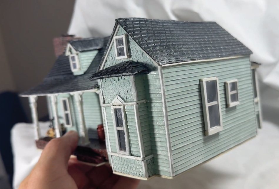 Commission in progress: side view of the Columbia home miniature showing the gabled wing and siding
