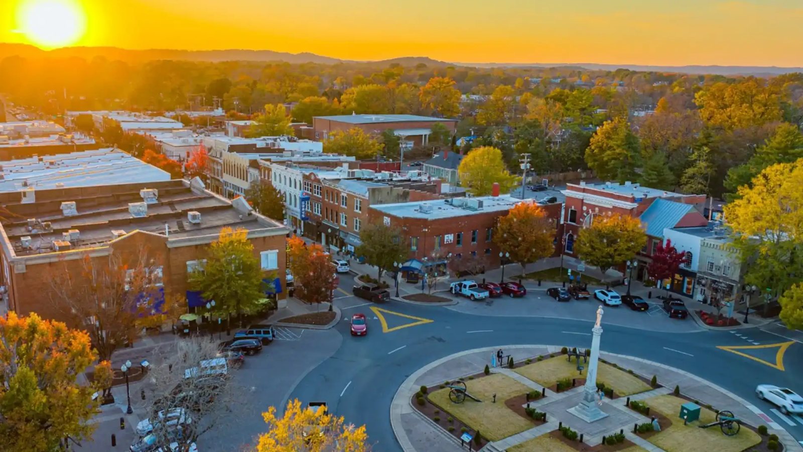 Aerial view of downtown Franklin, Tennessee at sunset